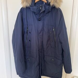 Men's Navy Parka with Fur Trim